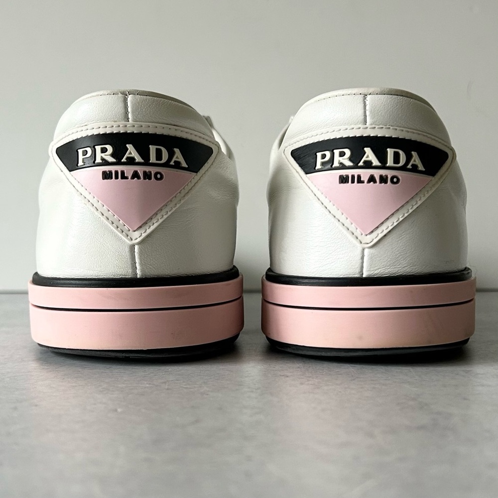 PRADA Womens Vitello Soft 3 Low Profile White/Pink Leather Sneakers, 37.5 - Picture 9 of 13